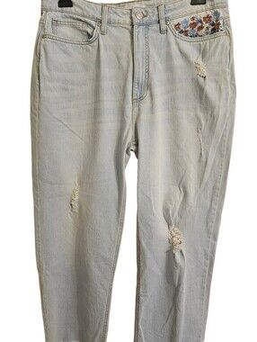 LC Lauren Conrad Light Blue High Rise Crop Jeans Floral Embroidery Frayed Sz 14